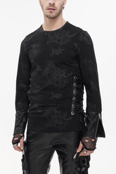 Chemise Homme Noire Punk à Manches Longues en Tricot avec Trous Cassés et Imprimé Toile d'Araignée à Col Rond